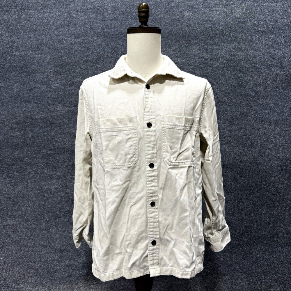 H&M Shirt Mens M White Solid Long Sleeve Button-Up Pockets Woven Cotton